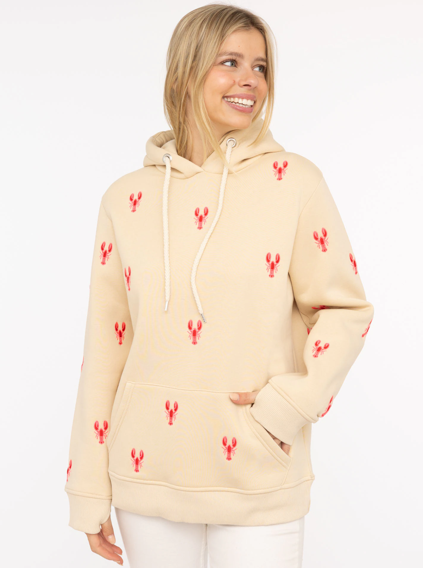 Zwillingsherz Kapuzensweatshirt, Hummer-Stickerei, Kapuze, Kordelzug, Baumw günstig online kaufen