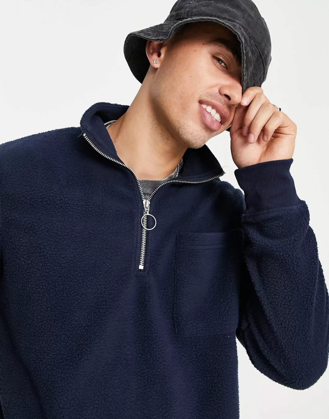 Jack & Jones – Originals – Fleece-Oberteil in Marineblau mit kurzem Reißver günstig online kaufen