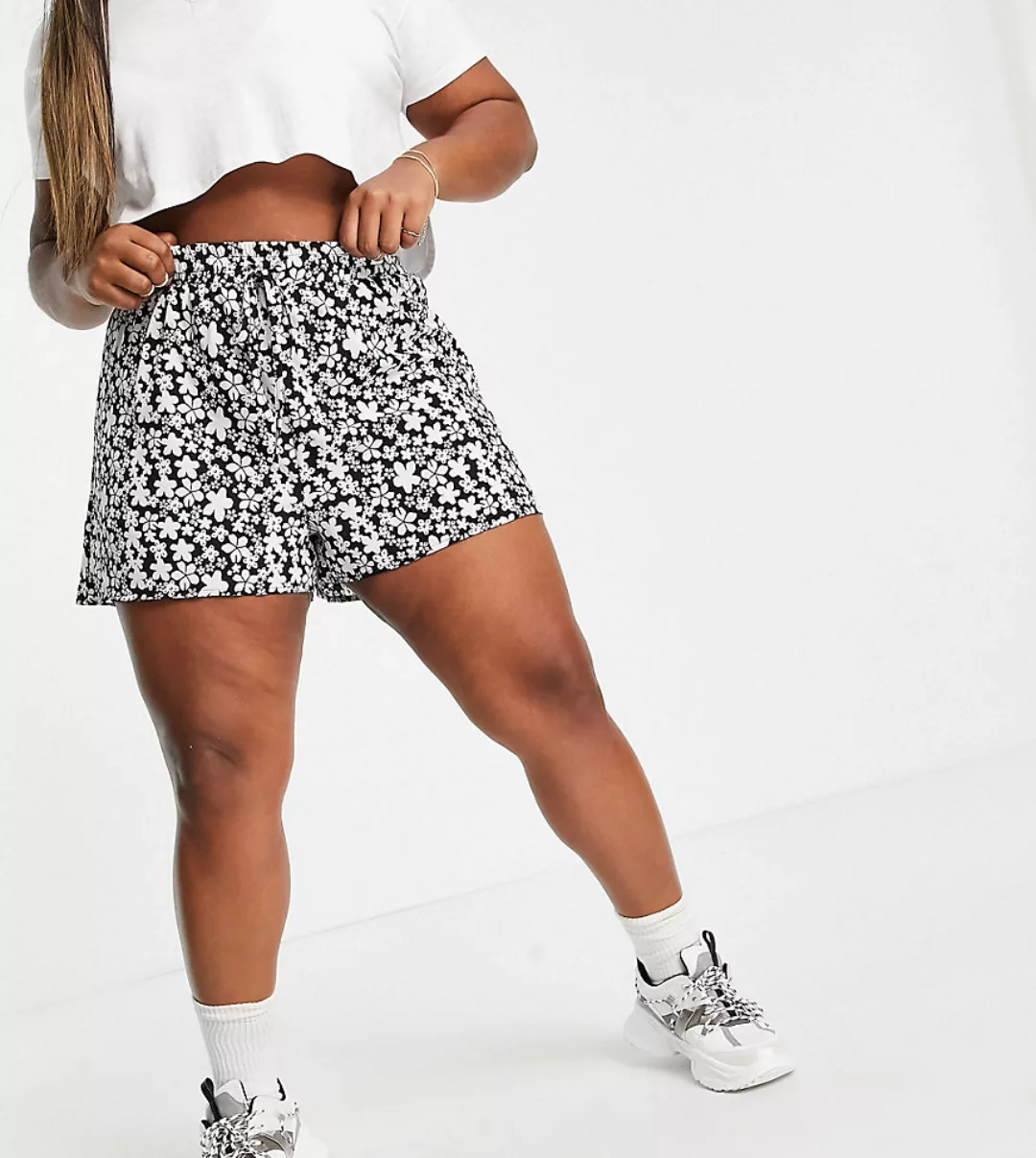 Missguided Plus – Shorts mit elastischem Bund in Schwarz geblümt günstig online kaufen