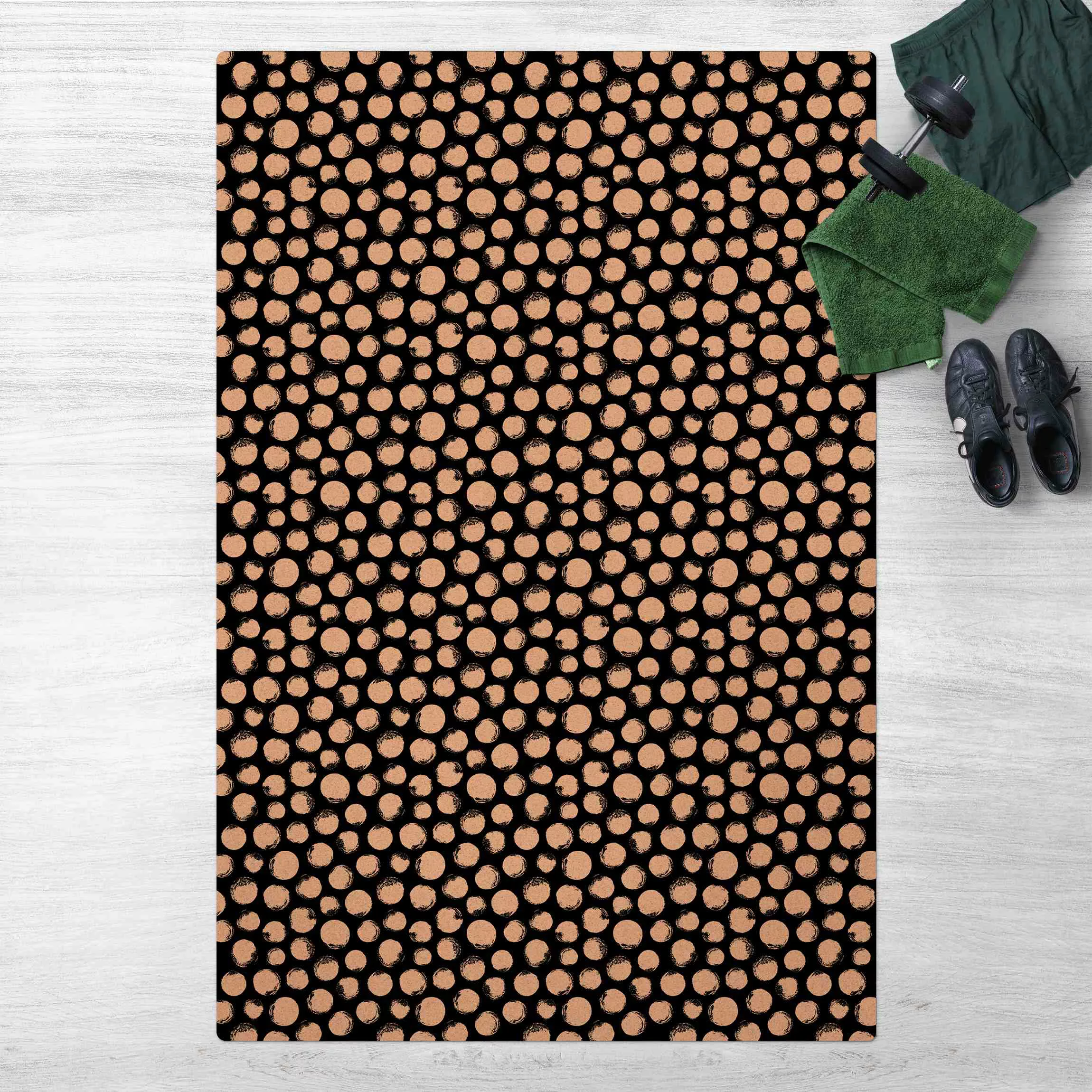 Kork-Teppich Tusche Polkadots auf Schwarz günstig online kaufen