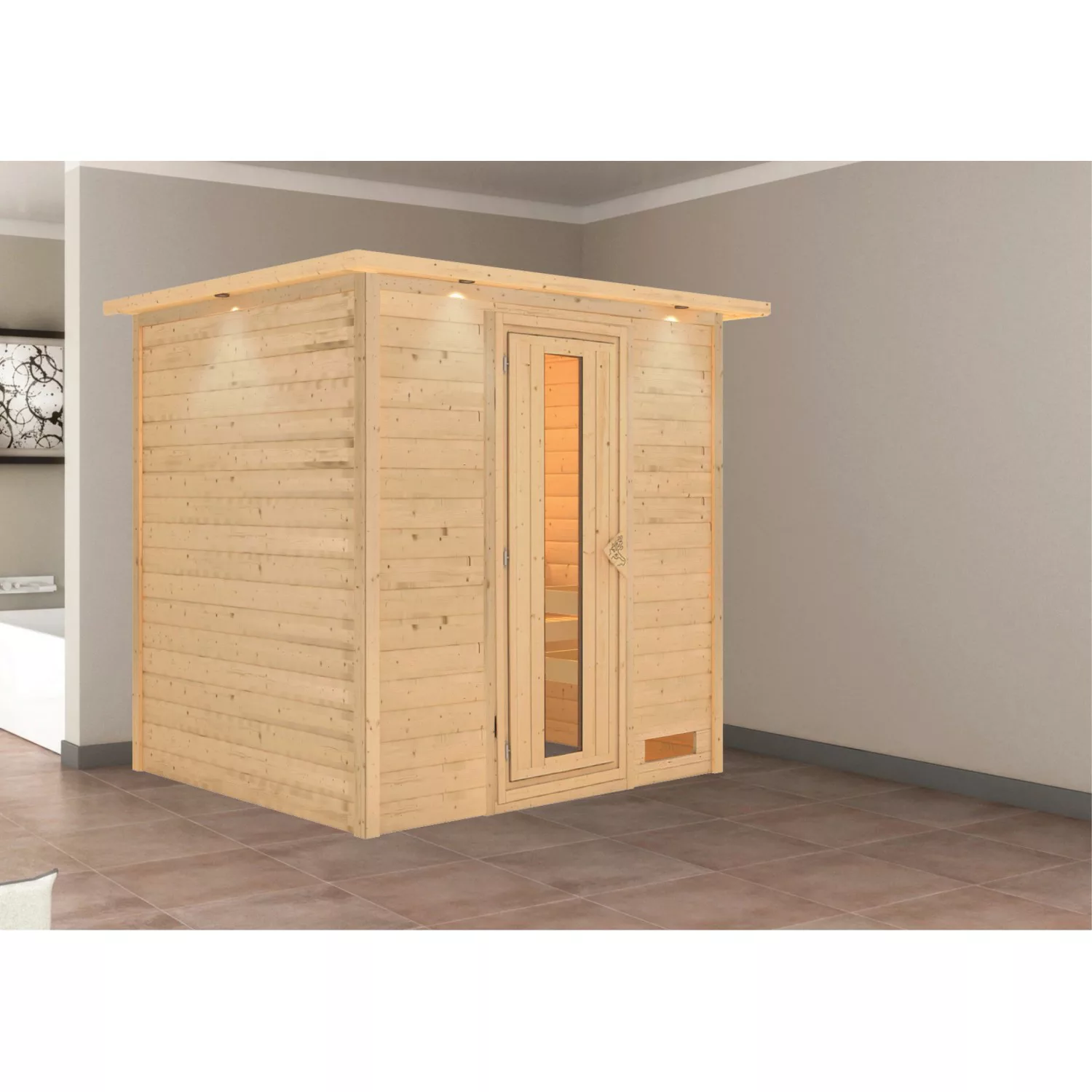 Karibu Sauna Anja mit Fronteinstieg, Holz-Glastür, Dachkranz günstig online kaufen