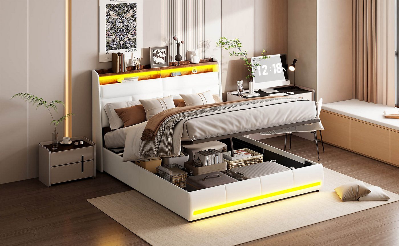 Furnishings Home Polsterbett Doppelbett + Stauraum + LED-Licht + USB-Anschl günstig online kaufen