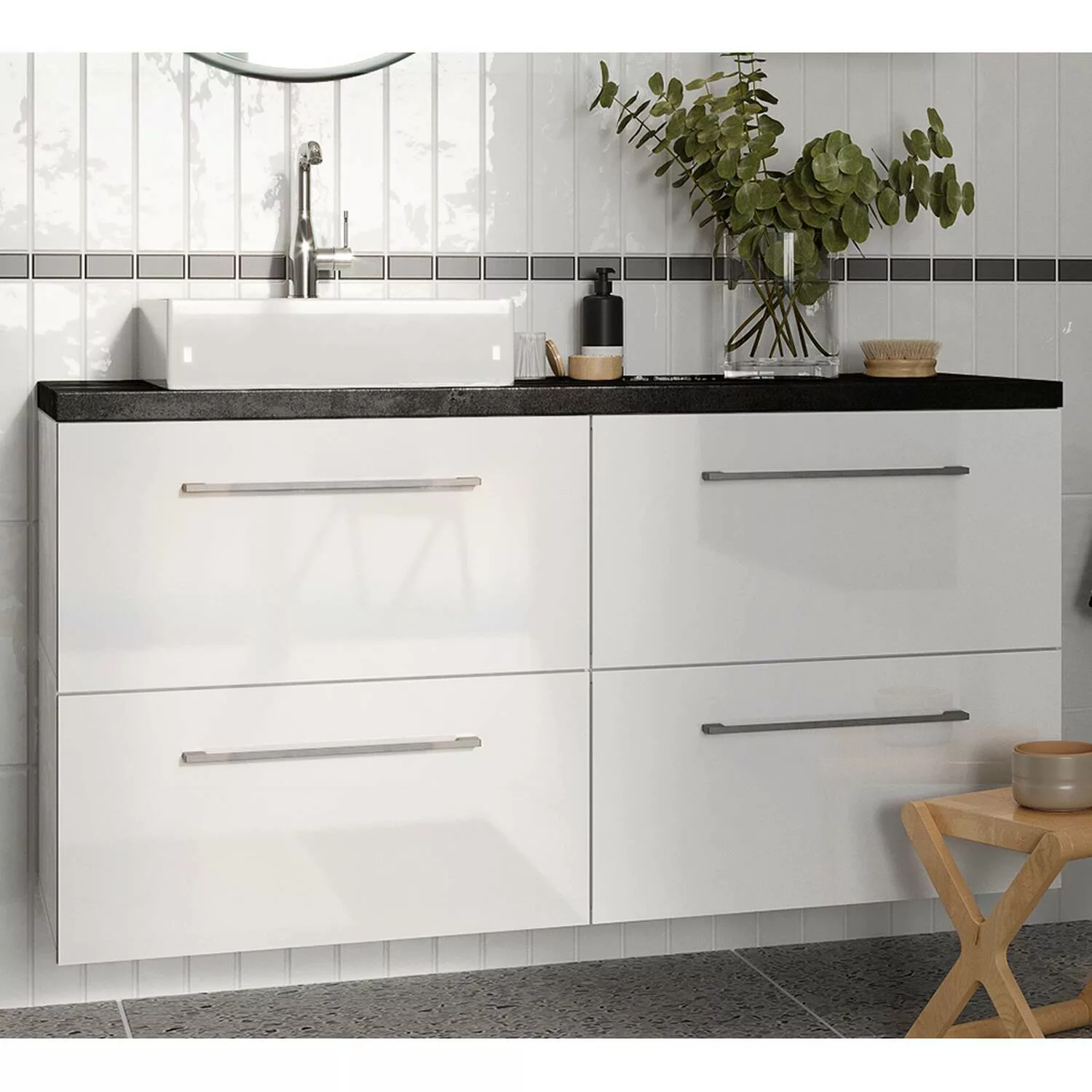 Badmöbel Waschtisch Set in weiß Hochglanz lackiert mit Waschtischplatte in günstig online kaufen