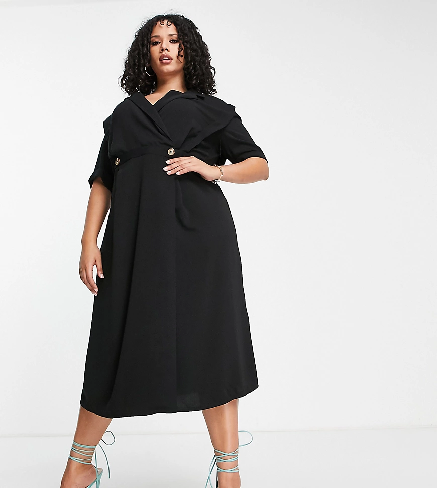 ASOS DESIGN Curve – Midikleid aus Leinen in Schwarz im Anzug-Stil mit Wicke günstig online kaufen