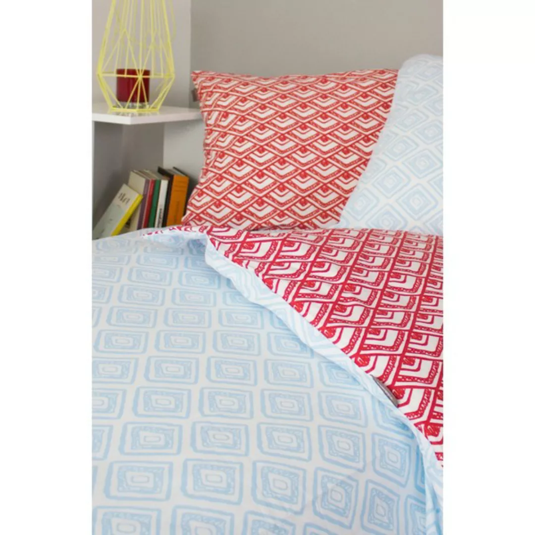 Bettbezug + 2 Kissenbezüge Aus Bio-baumwolle Blau/rot 240 x 260 Cm günstig online kaufen
