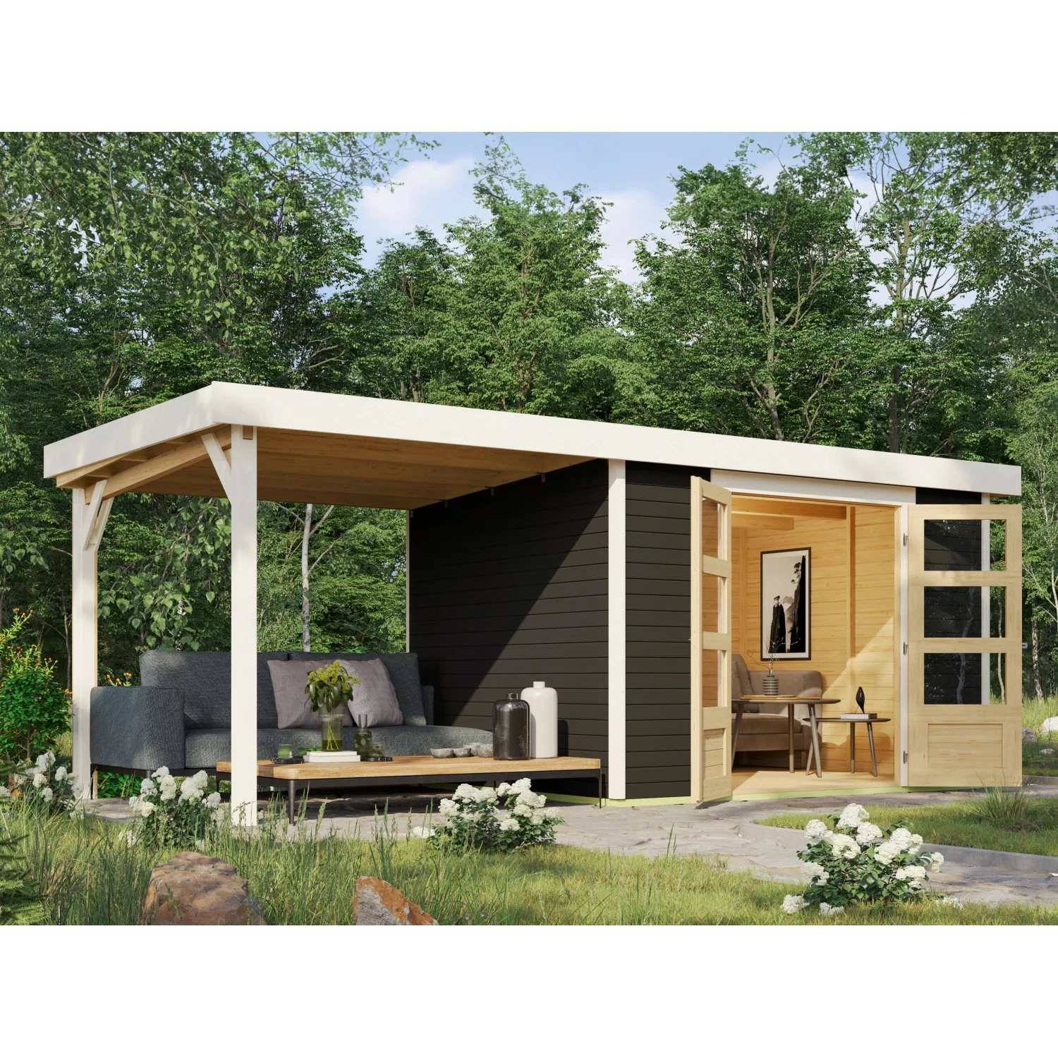 Karibu Gartenhaus Set Boras 5 Anthrazit mit Anbaudach 240 cm Breit 7,21 m² günstig online kaufen
