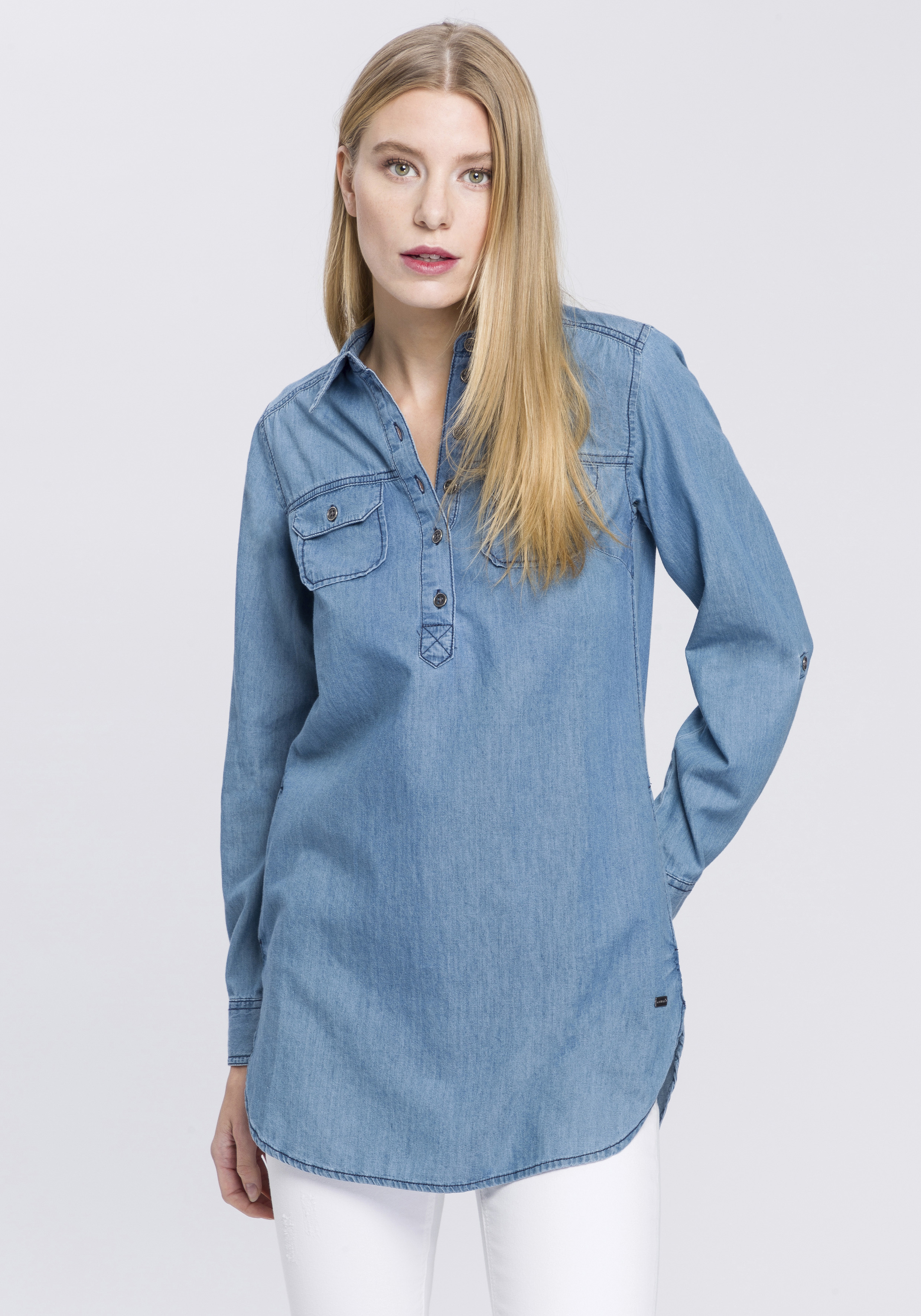 Arizona Jeansbluse "Krempelärmel mit Riegel", im Tunikastil günstig online kaufen