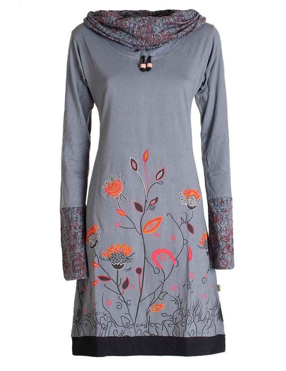 Vishes Jerseykleid Blumen-Kleid Langarm-Shirtkleid Schal-Kragen Baumwolle günstig online kaufen