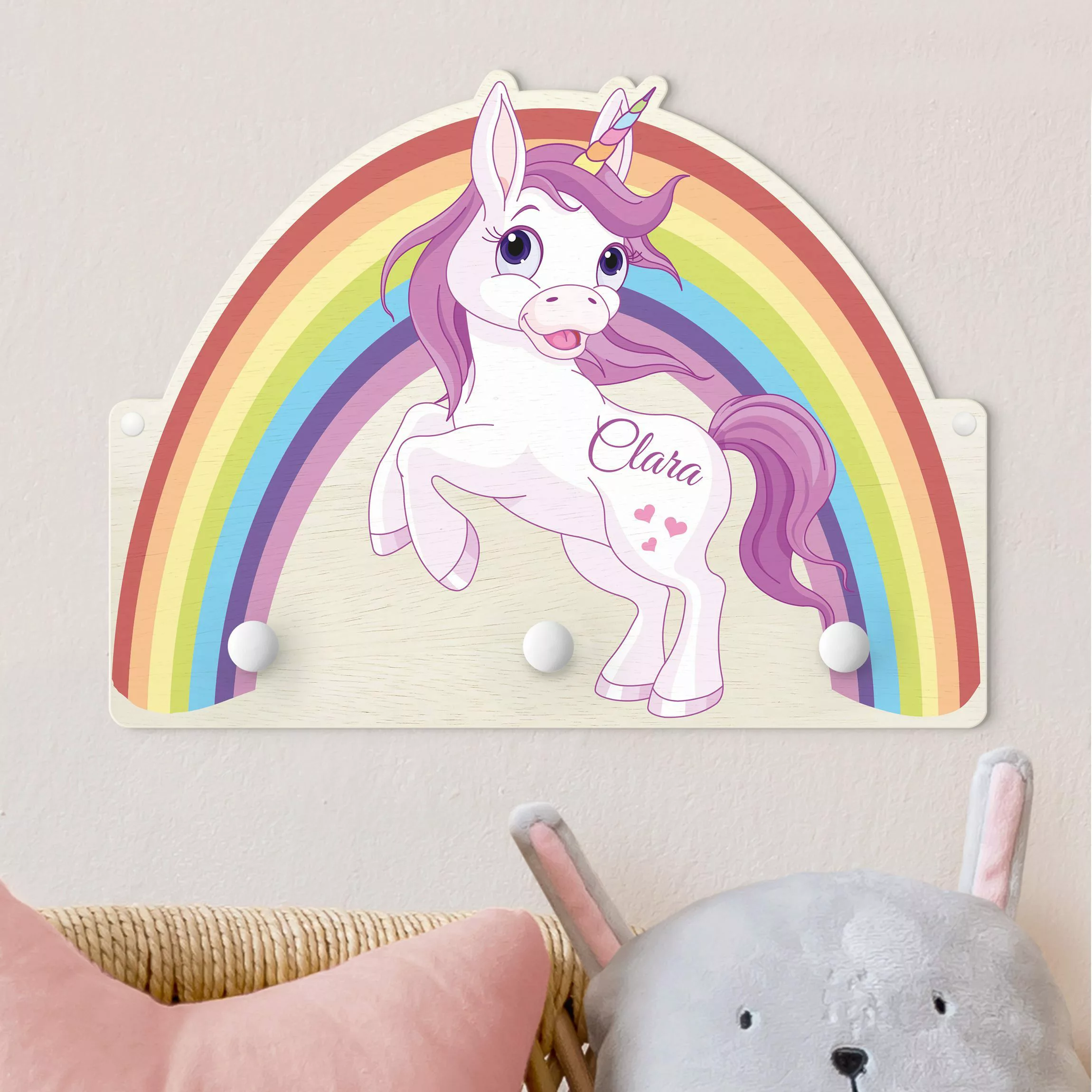 Kindergarderobe Holz mit Namen Einhorn Regenbogen mit Wunschname günstig online kaufen