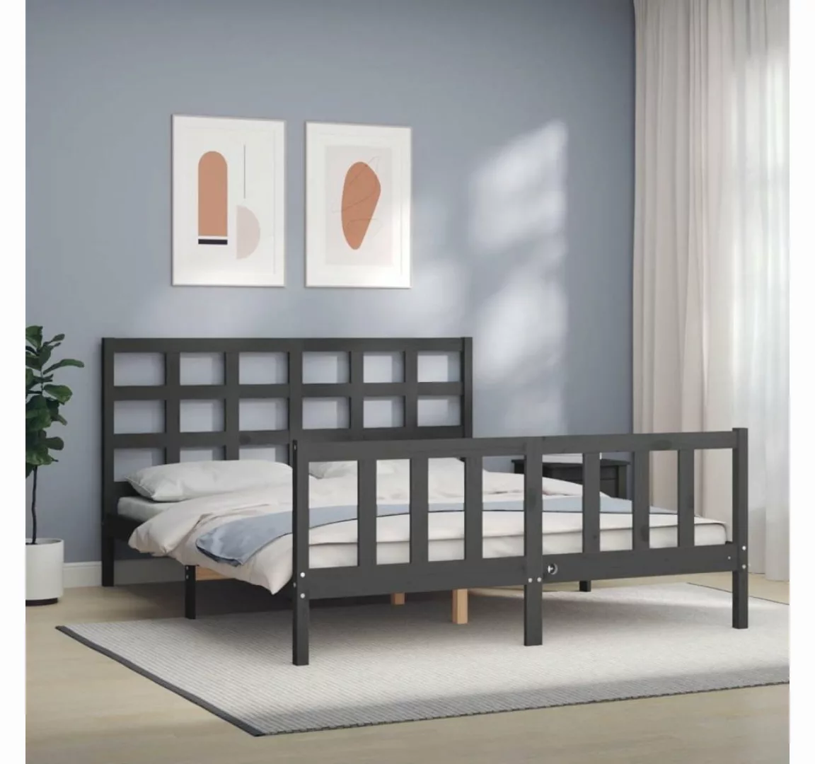 furnicato Bett Massivholzbett mit Kopfteil Grau günstig online kaufen