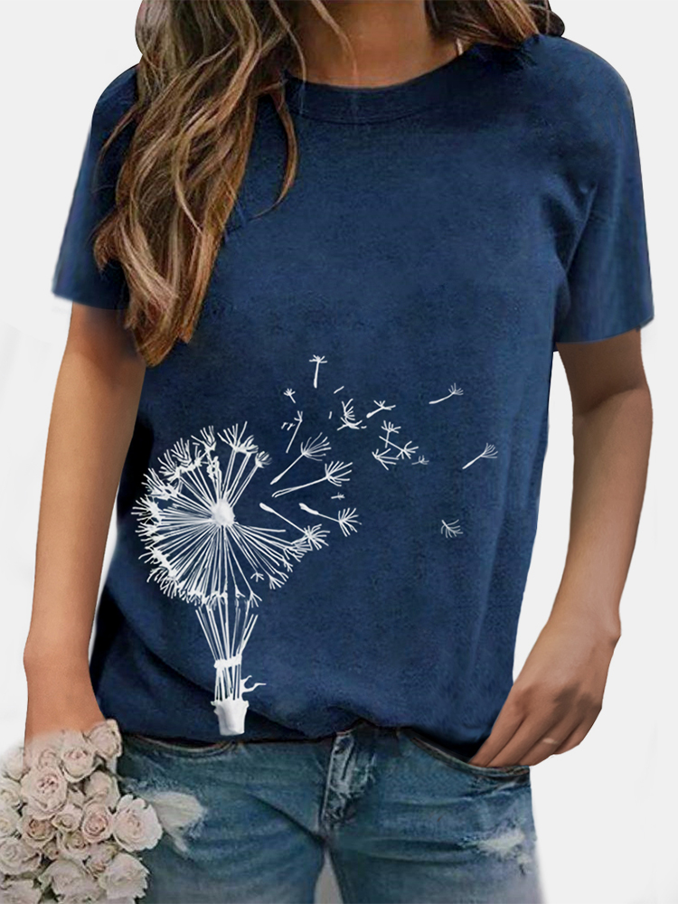 Kurzarm T-Shirt mit Blumendruck und lässigem O-Ausschnitt günstig online kaufen