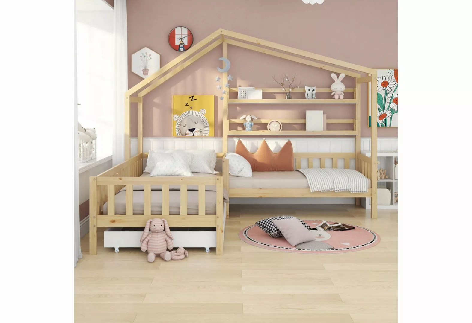 TavilaEcon Hausbett Kinderbett mit Schubladen und Regalen, L-Struktur, 90 x günstig online kaufen