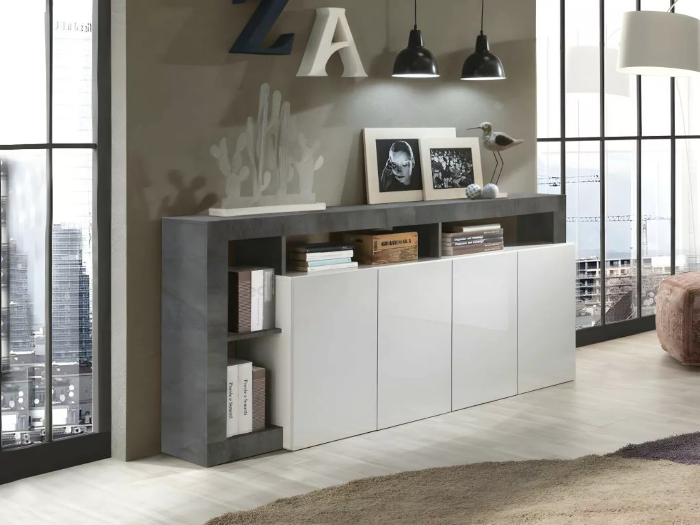 Sideboard mit 4 Türen & 4 Ablagen - Weiß lackiert & Beton-Optik - SEFRO günstig online kaufen