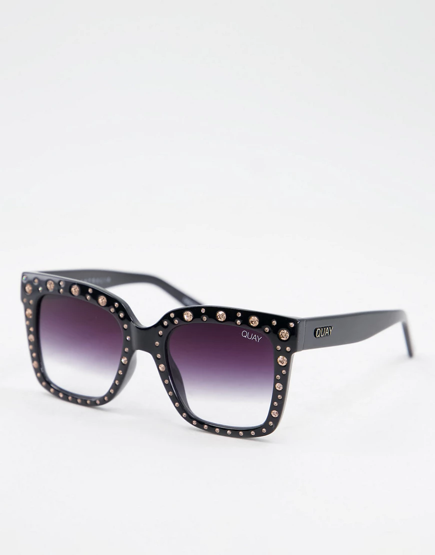 Quay – Cat-Eye-Sonnenbrille mit Schmucksteinen in Rosé-Schwarz günstig online kaufen