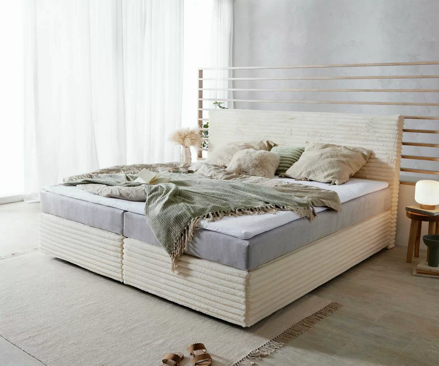 DELIFE Boxspringbett Dream-Well, Plüsch-Cord Beige 200x200 cm mit Taschenfe günstig online kaufen