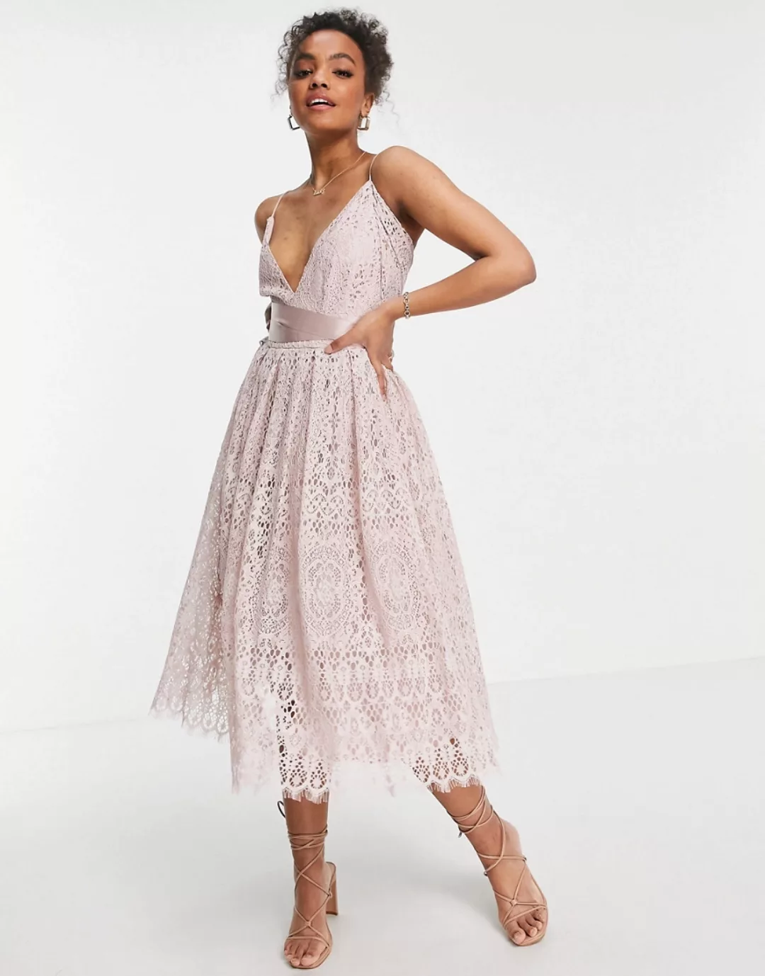 ASOS DESIGN – Ballkleid aus Spitze mit Wickeldetail an der Taille-Rosa günstig online kaufen