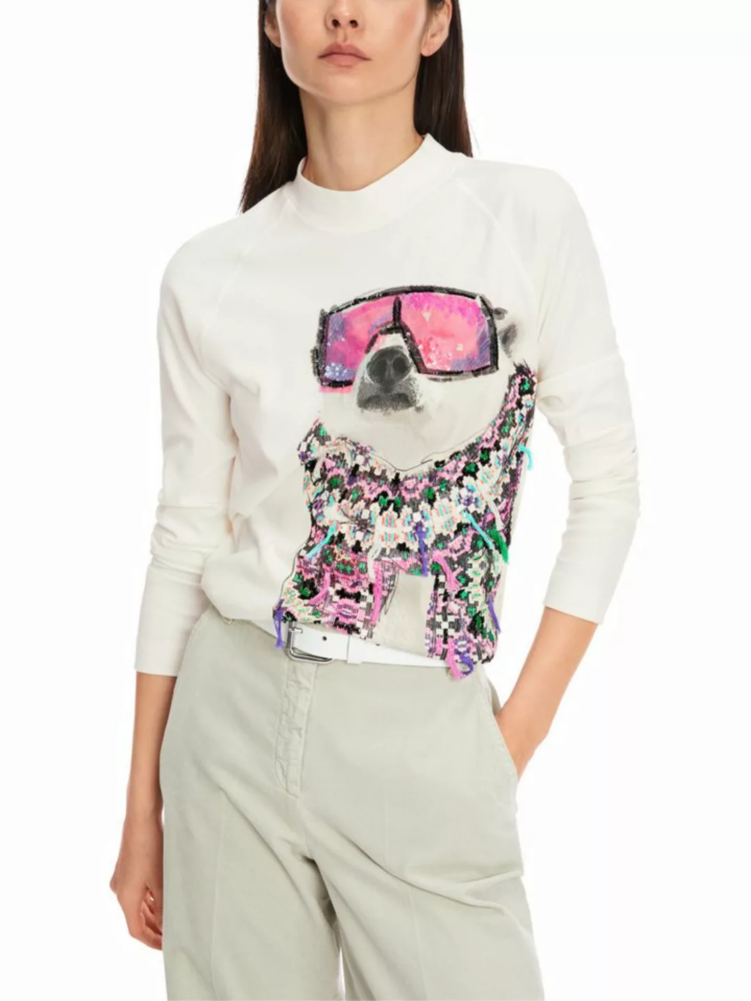 Marc Cain Langarmshirt mit 3D-Dog-Dessin fein gerippte Material günstig online kaufen