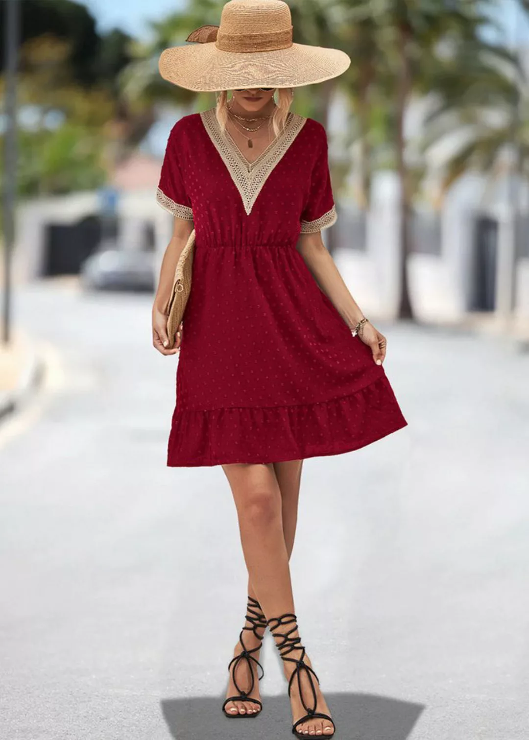 BlauWave Strandkleid Strandkleid kurze Ärmel Jacquard-Kleid mit V-Ausschnit günstig online kaufen