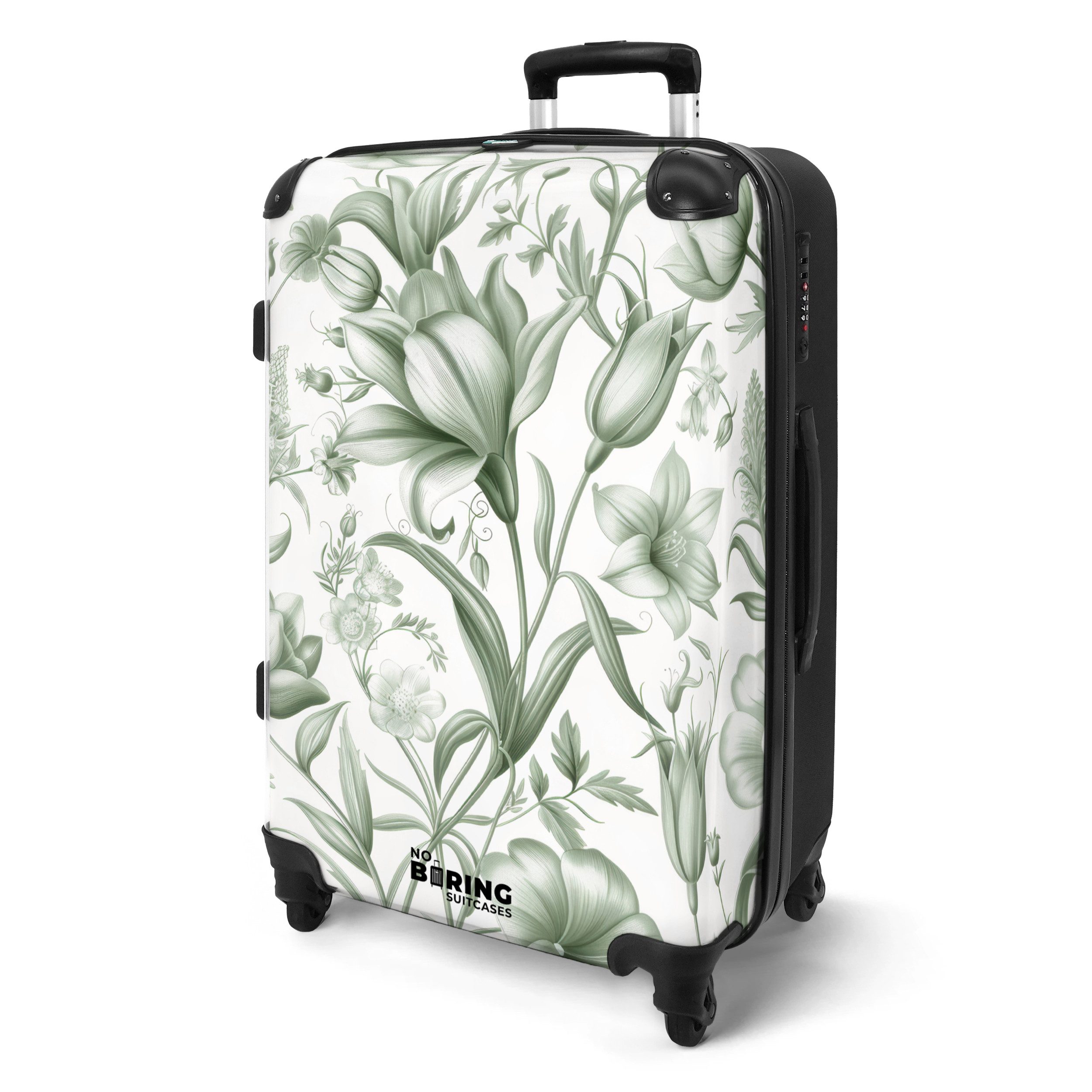 NoBoringSuitcases.com© Hartschalen-Trolley Weiß mit grünen Blüten günstig online kaufen