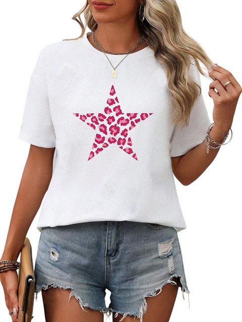 PYL Rundhalsshirt Damen Sommer Casual Oversize-Shirt Kurzarm Stern Print Lo günstig online kaufen