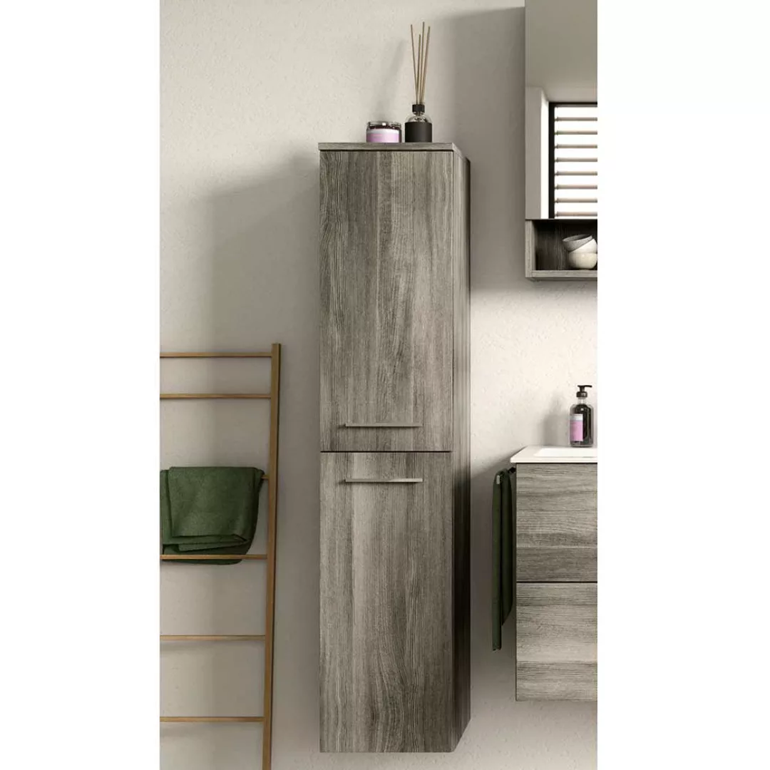 Midi Badschrank hängend 136 cm hoch Holzoptik Rauchgrau Touchwood günstig online kaufen