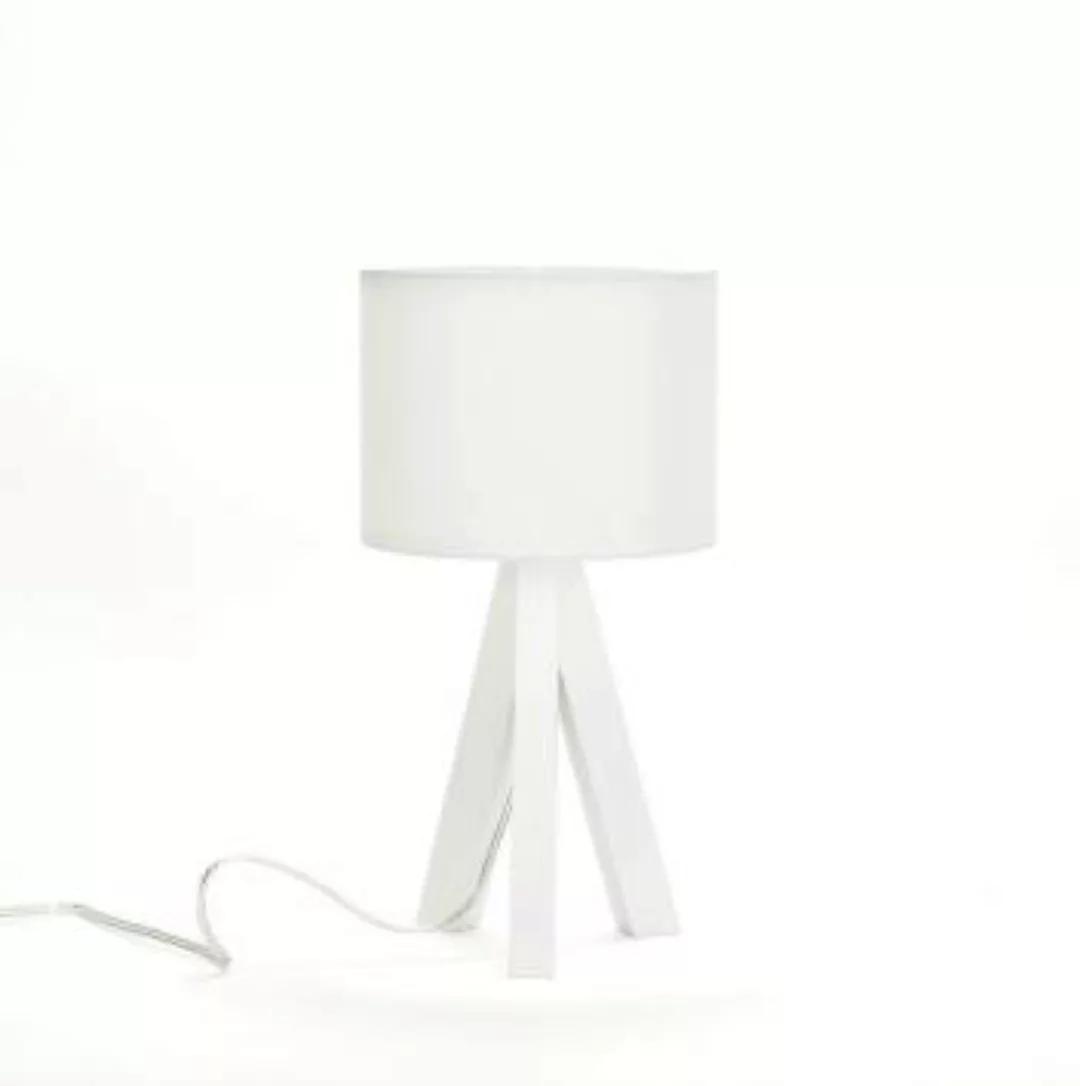 Nachttischlampe Holz Stoff Dreibein E14 Weiß günstig online kaufen