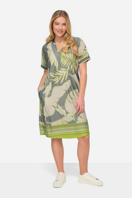 Laurasøn Midikleid Jerseykleid XL Blätter-Print V-Ausschnitt Halbarm günstig online kaufen