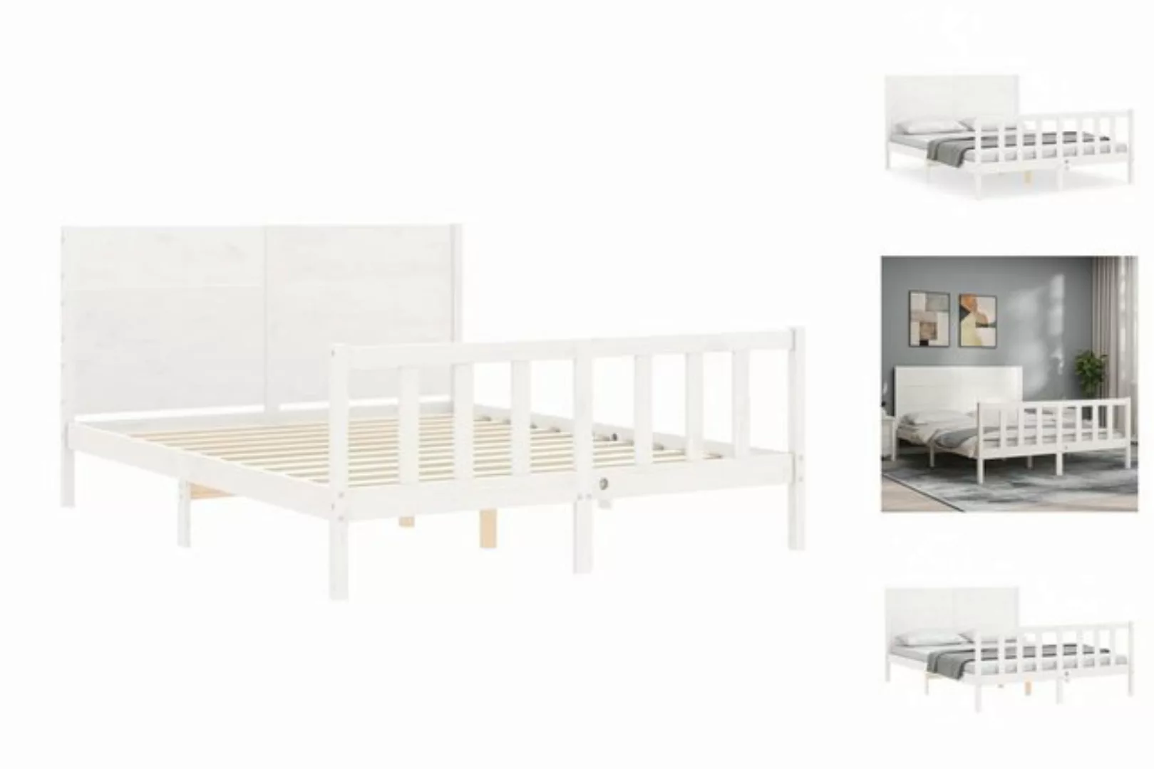 vidaXL Bettgestell Massivholzbett mit Kopfteil Weiß 160x200 cm Bett Bettges günstig online kaufen