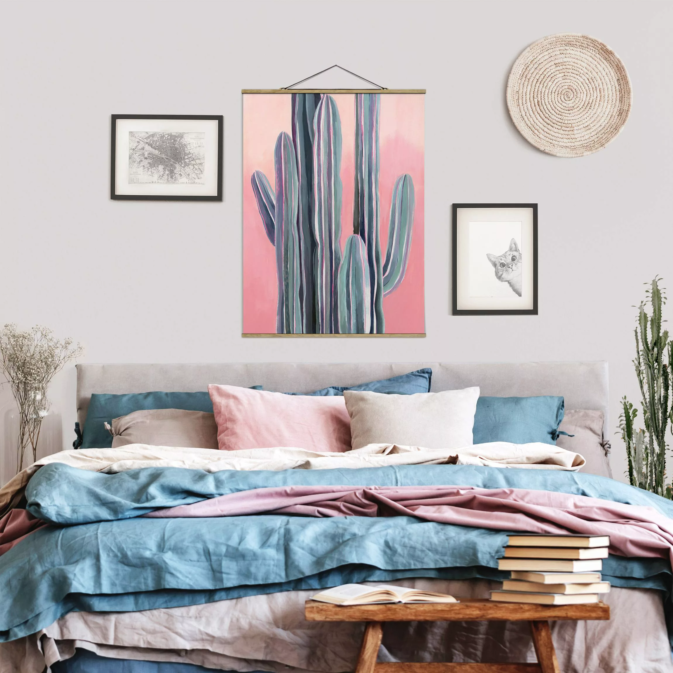 Stoffbild Blumen mit Posterleisten - Hochformat Kaktus auf Rosa I günstig online kaufen