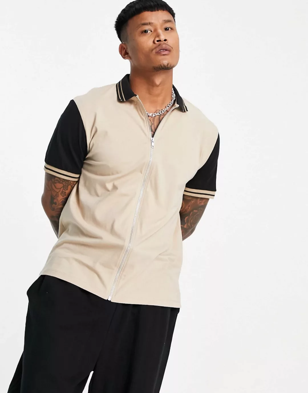 ASOS DESIGN – Lockeres Jersey-Hemd mit farblich abgesetzten Ärmeln-Neutral günstig online kaufen