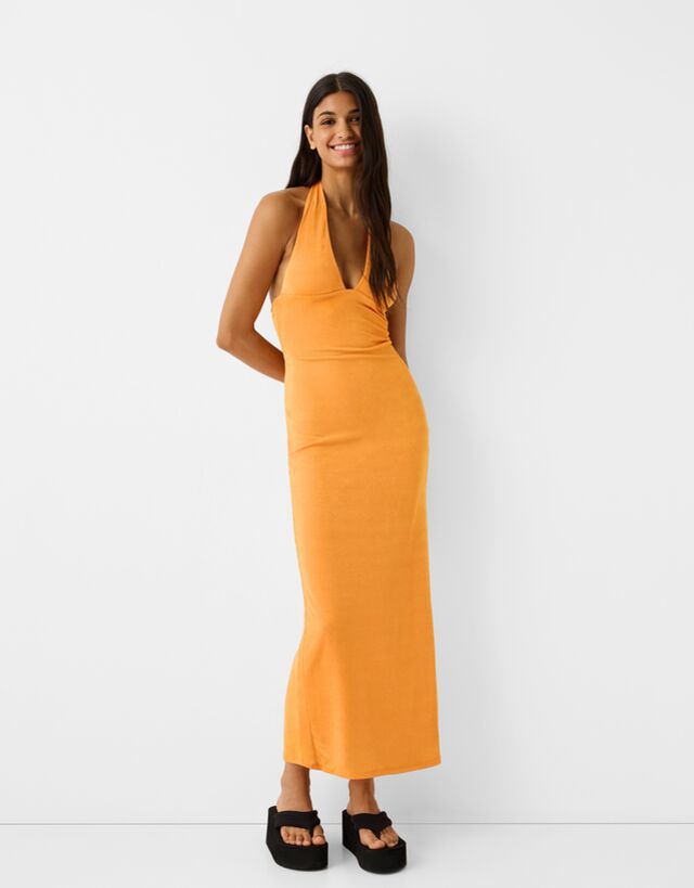Bershka Midi-Neckholder-Kleid Damen S Orange günstig online kaufen