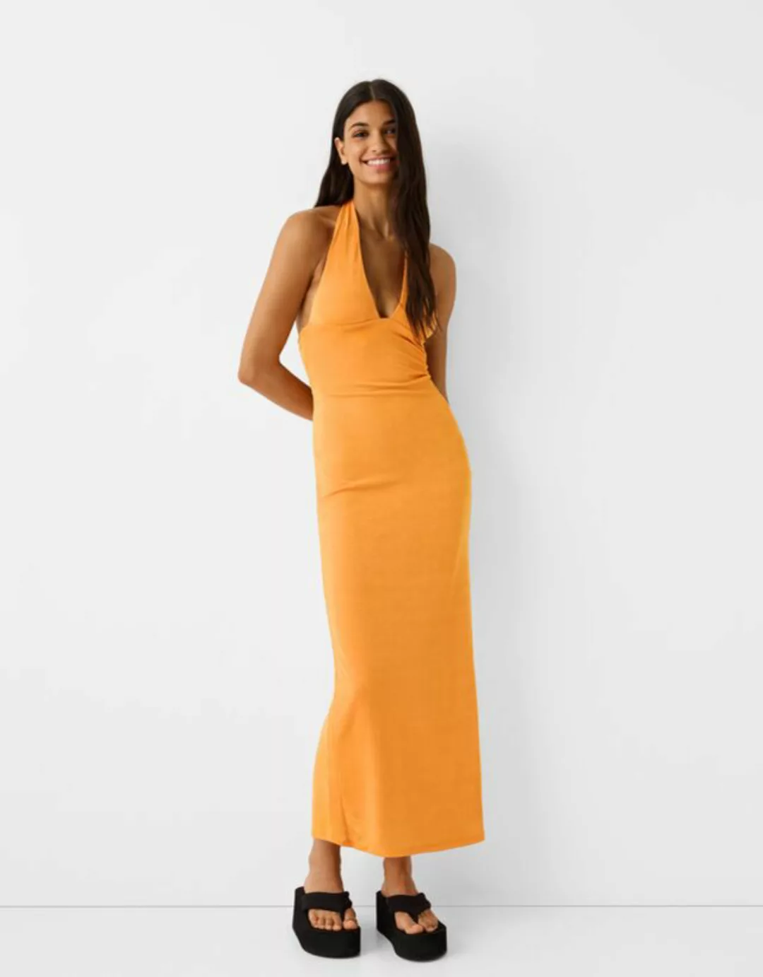 Bershka Midi-Neckholder-Kleid Damen S Orange günstig online kaufen