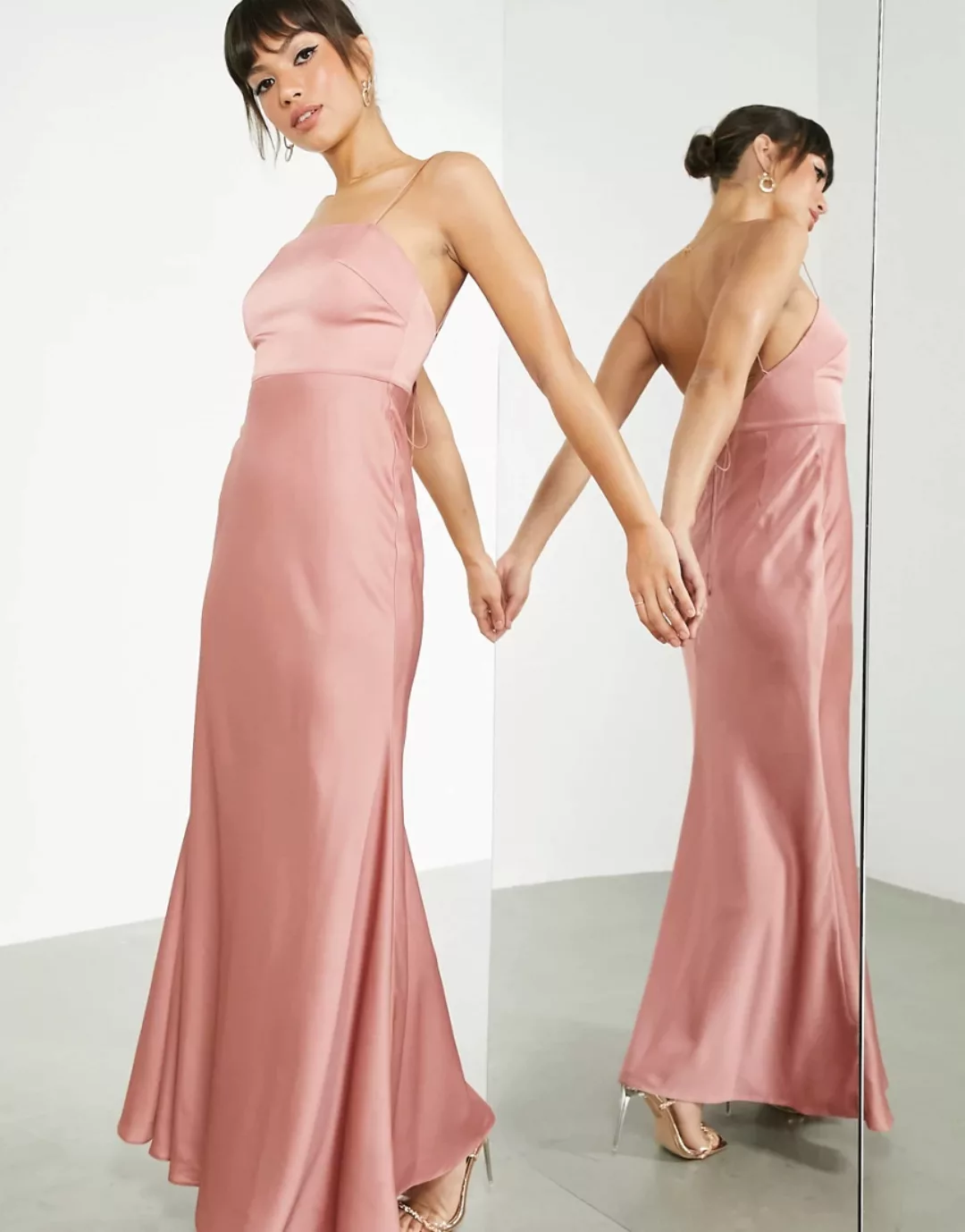 ASOS EDITION – Maxikleid aus Satin mit eckigem Ausschnitt und Rückenschnüru günstig online kaufen