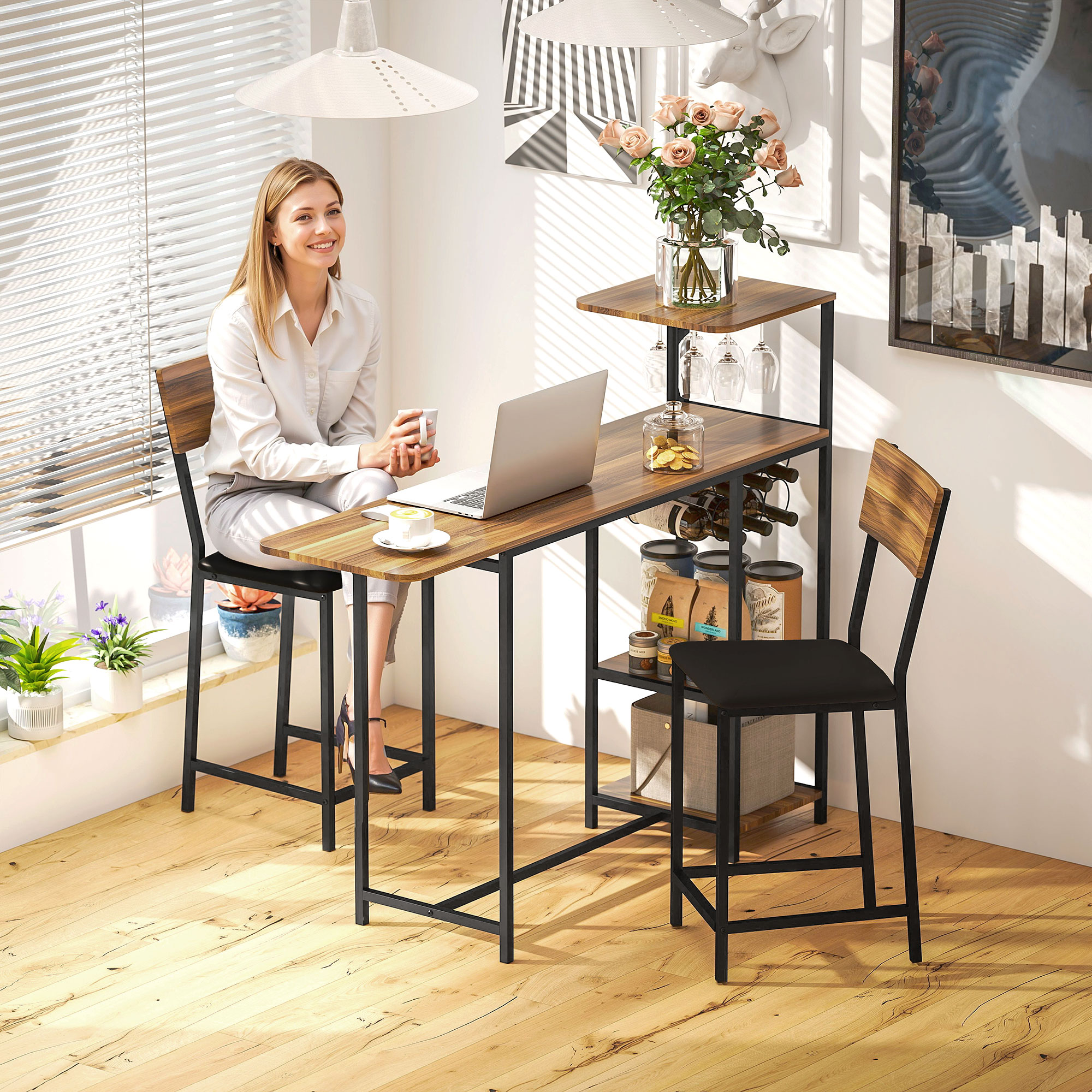 HOMCOM Bartisch mit Barhocker Set, 3-tlg. Bartisch-Set mit Klappbar Küchent günstig online kaufen