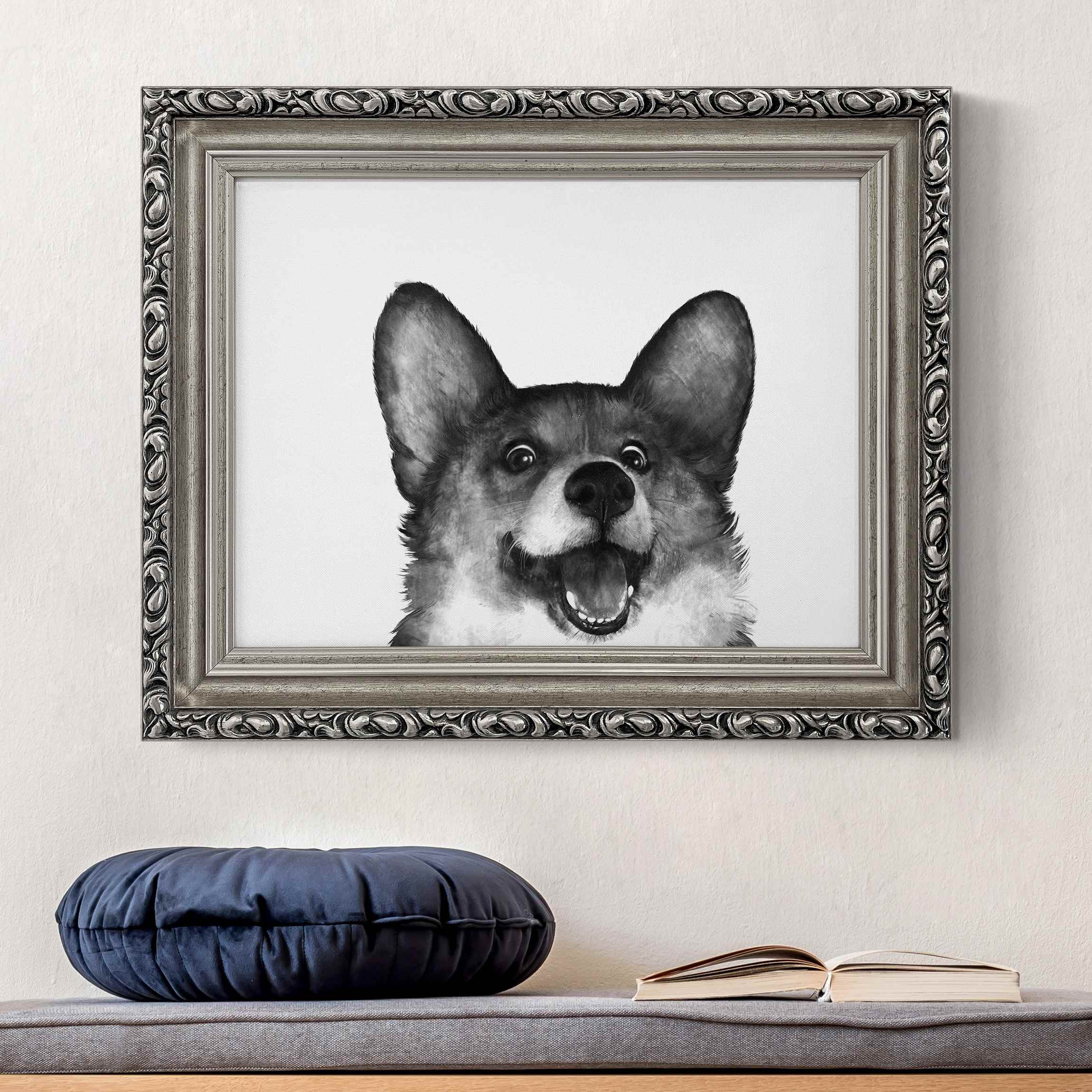 Gerahmtes Leinwandbild Illustration Hund Corgi Weiß Schwarz Malerei günstig online kaufen