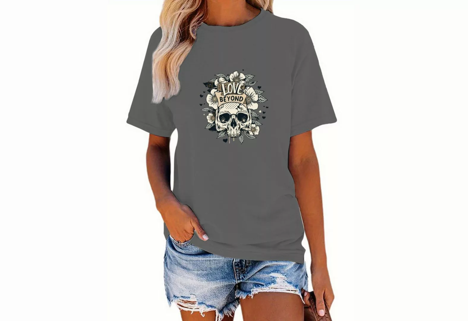 PYL Print-Shirt Damen Halloween Sommer Kurzarmbluse Schädel Print-Shirt Cas günstig online kaufen