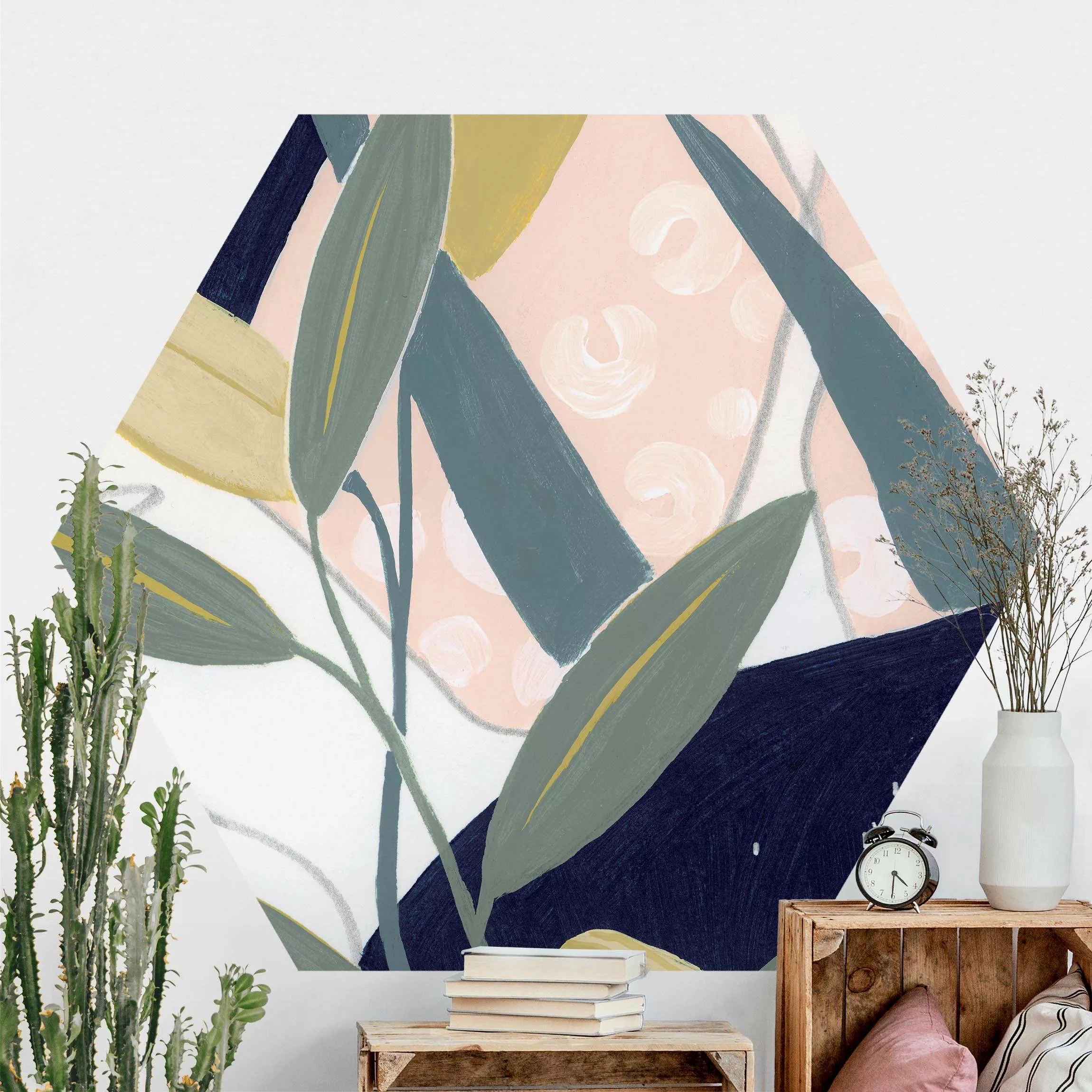 Hexagon Fototapete selbstklebend Tropische Blumen der Nacht günstig online kaufen