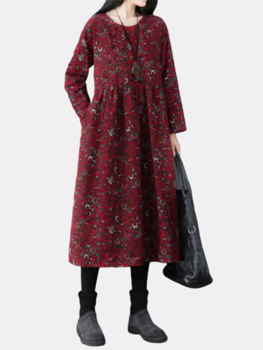 Druck Empire Taille Langarm Plus Größe Blumen Kleid günstig online kaufen