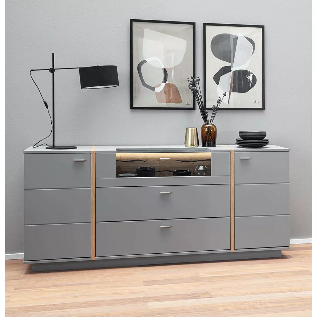 Sideboard mit Eiche Absetzung SAVANNAH-05 inkl. LED Beleuchtung in grau lac günstig online kaufen