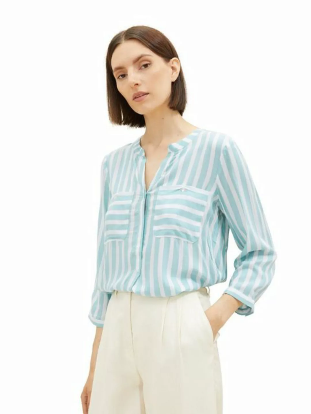 TOM TAILOR Blusenshirt Gestreifte 3/4 Arm Bluse V-Ausschnitt Tunika Shirt 4 günstig online kaufen