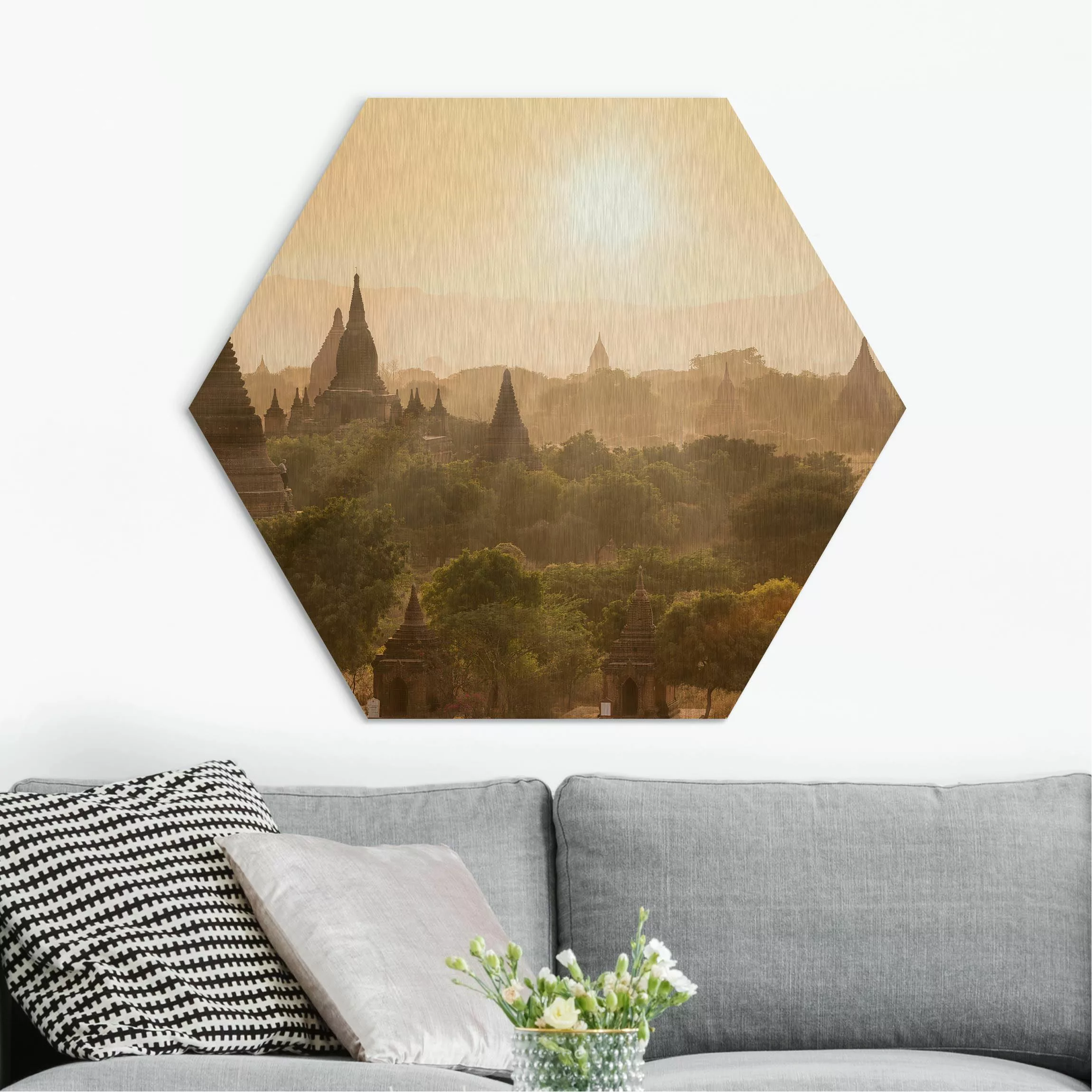 Hexagon-Alu-Dibond Bild Sonnenuntergang über Bagan günstig online kaufen