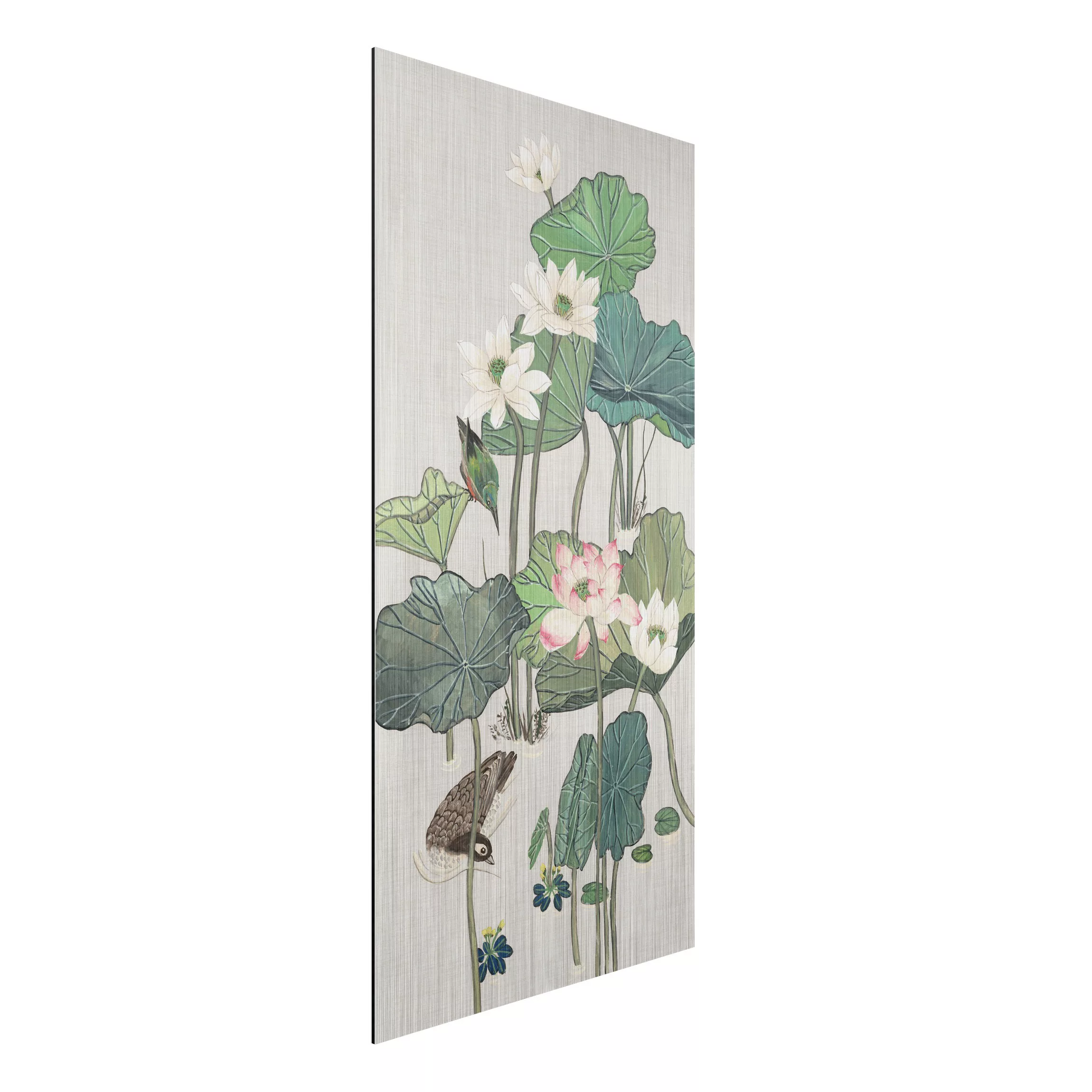 Alu-Dibond Bild Blumen - Hochformat Vintage Illustration Lotusblüten im Tei günstig online kaufen