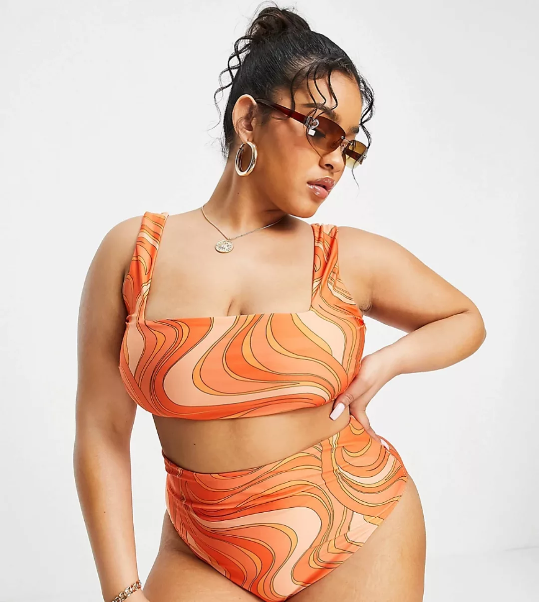 ASOS DESIGN Curve – Bikiniunterteil mit hohem Bund und Wirbelmuster-Mehrfar günstig online kaufen