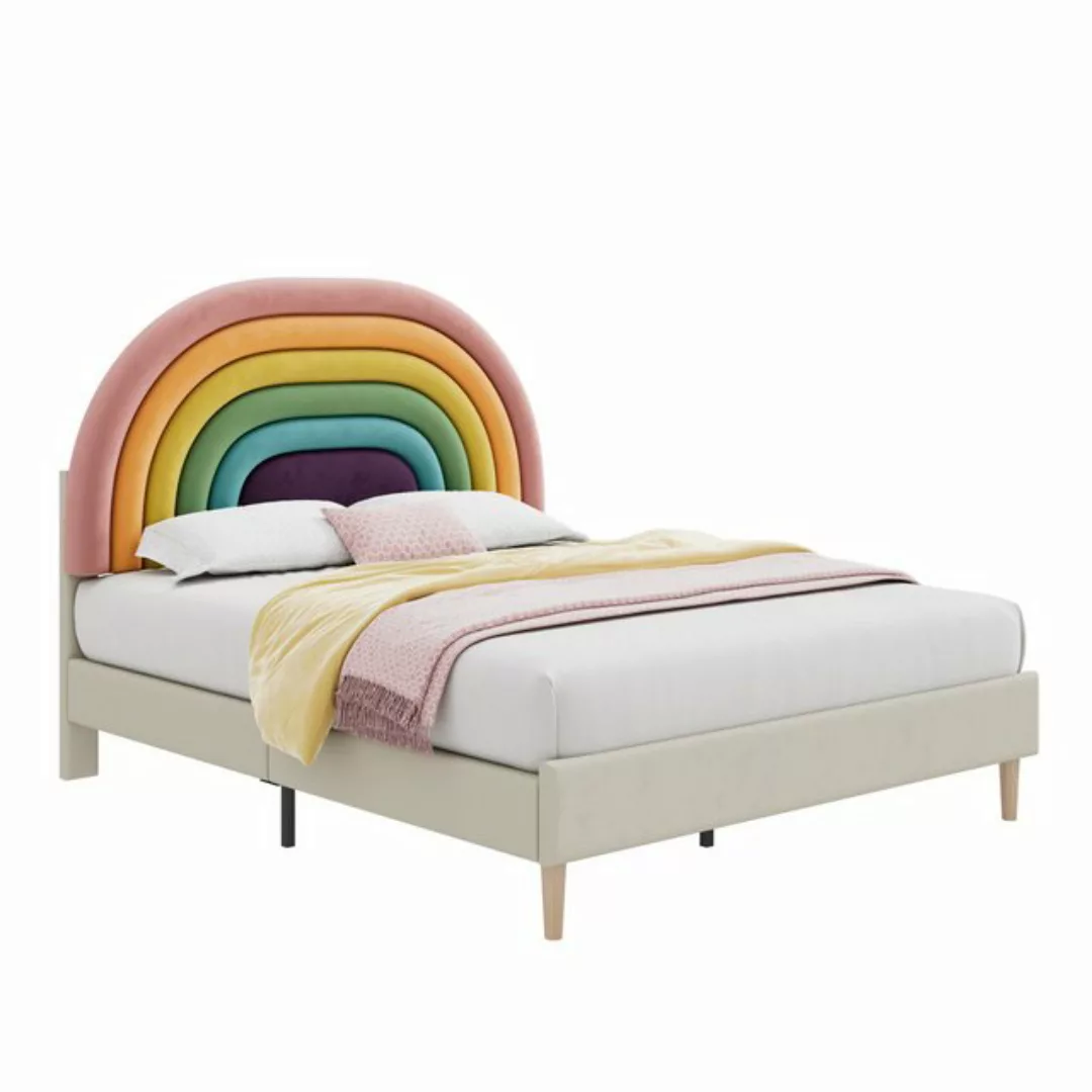 Flieks Polsterbett, Kinderbett mit verstellbarem Regenbogen-Kopfteil 140x20 günstig online kaufen