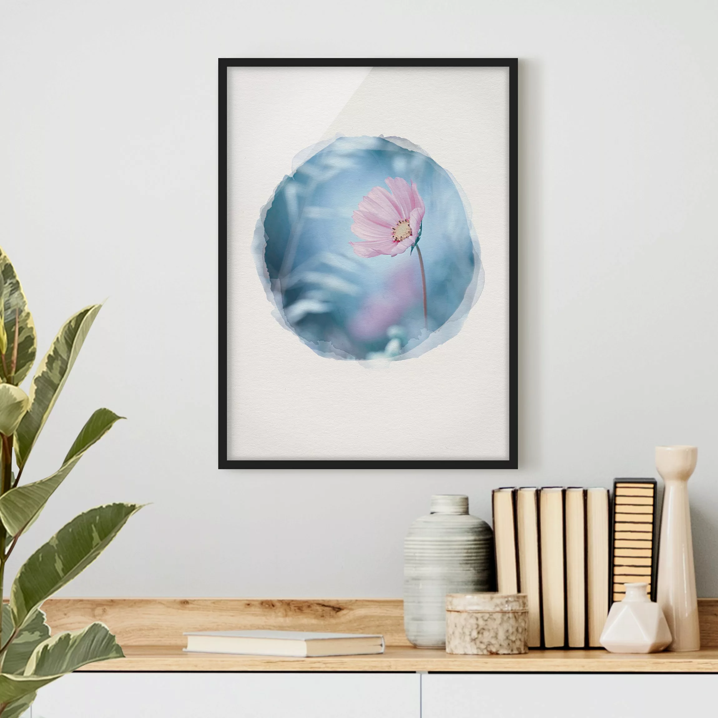 Bild mit Rahmen Blumen - Hochformat Wasserfarben - Blüte in Pastell günstig online kaufen