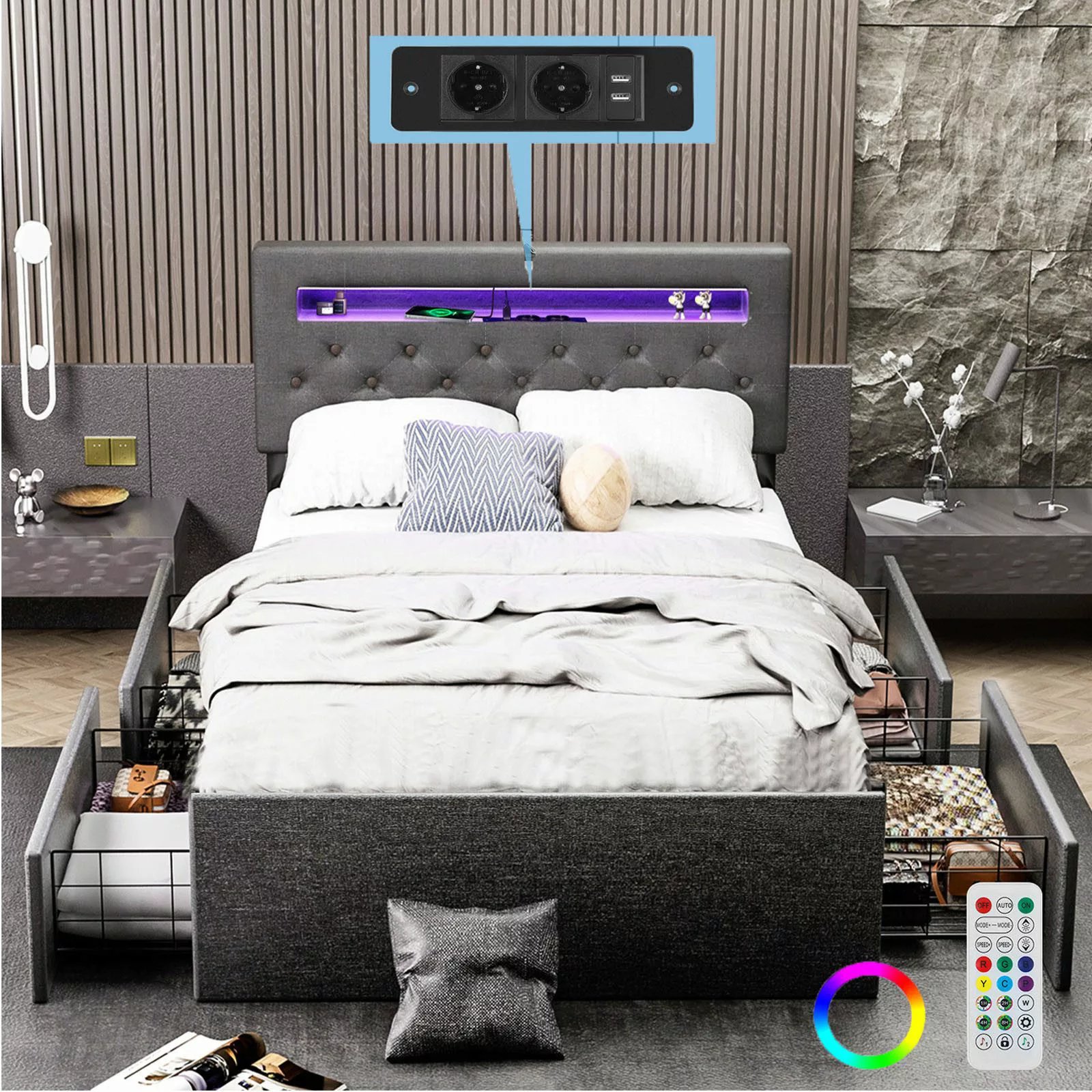 oyajia Polsterbett LED Doppelbett 140x200cm, Stauraumbett günstig online kaufen