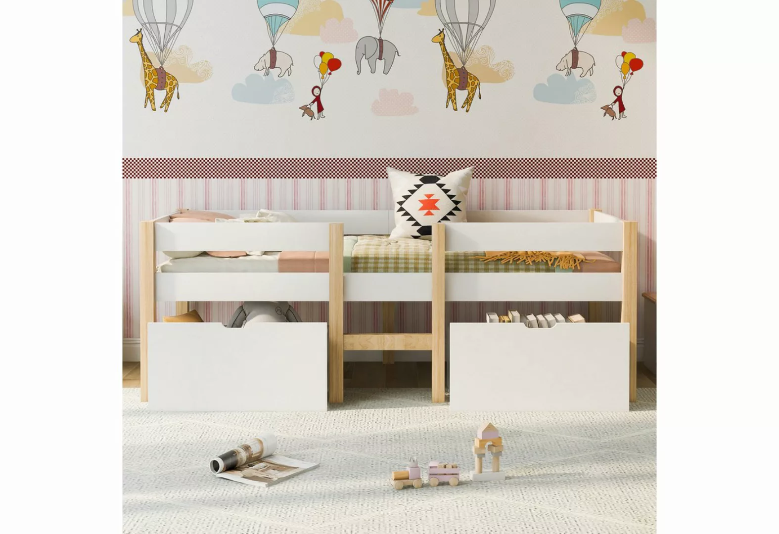 IDEASY Kinderbett Kinderbett, Kiefer massiv + MDF, Weiß und Eiche, 90*190cm günstig online kaufen