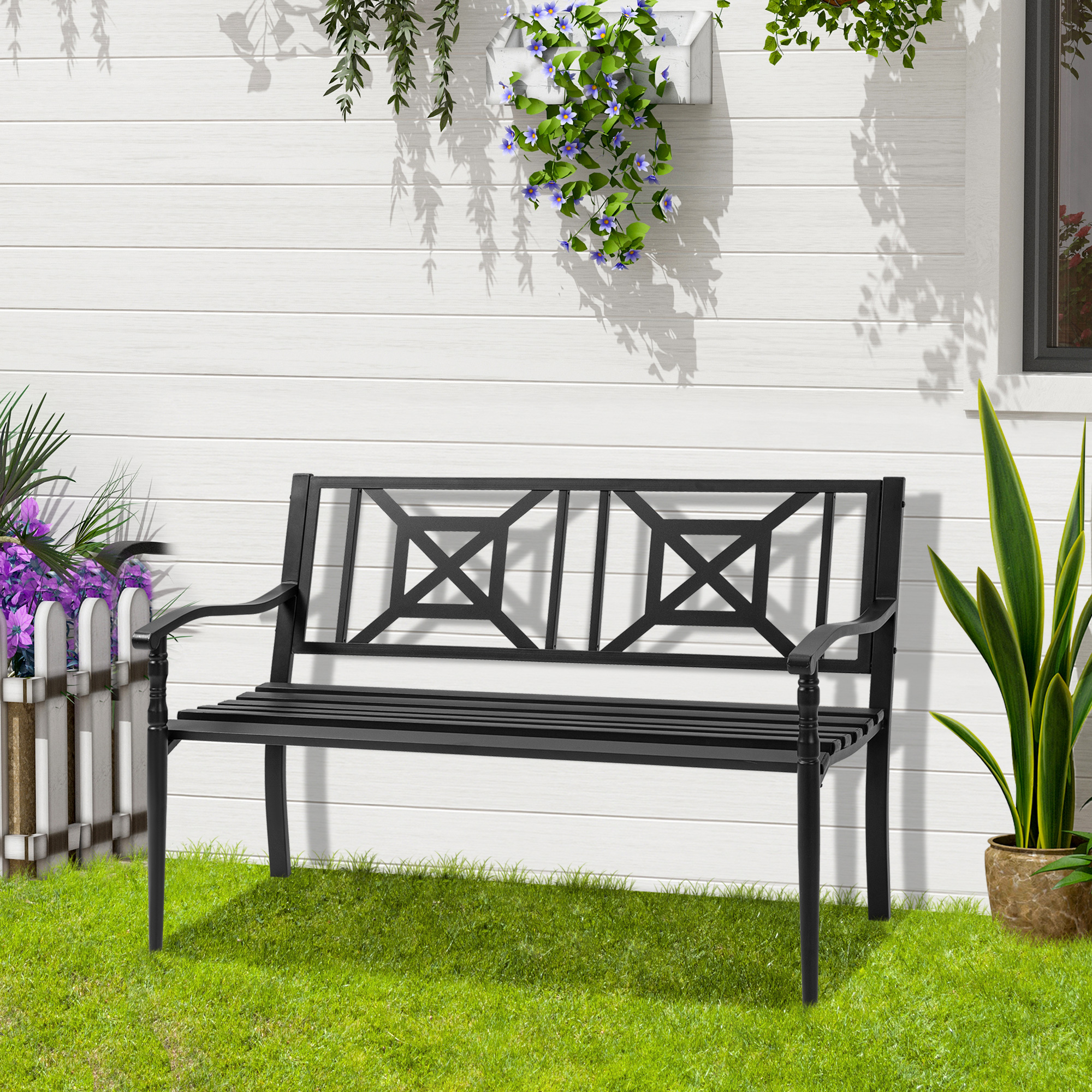 Outsunny Gartenbank aus Stahl für 2 Personen, Gartenbank mit hoher Rückenle günstig online kaufen