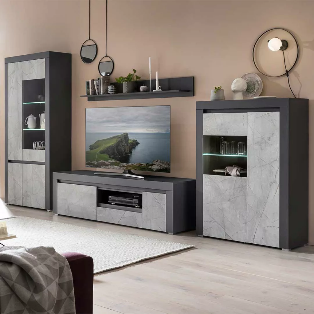 Wohnzimmerwand modern in Grau Steinoptik & Anthrazit TV Platz (vierteilig) günstig online kaufen