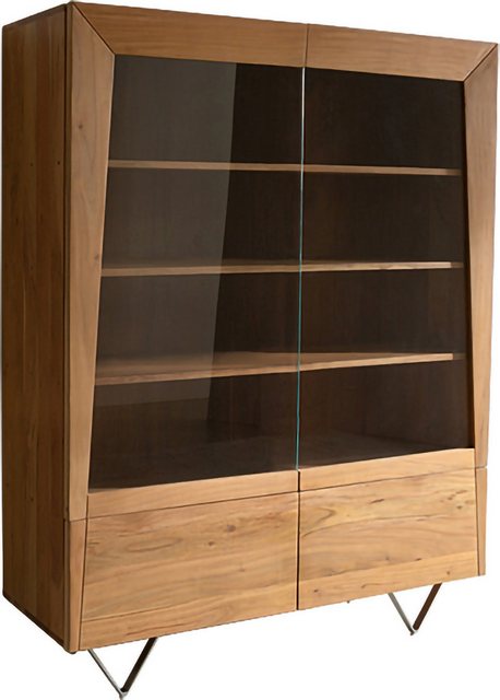 DELIFE Vitrine Kayu Akazie Natur 115x150 cm 2 Glastüren V-Fuß Highboard günstig online kaufen